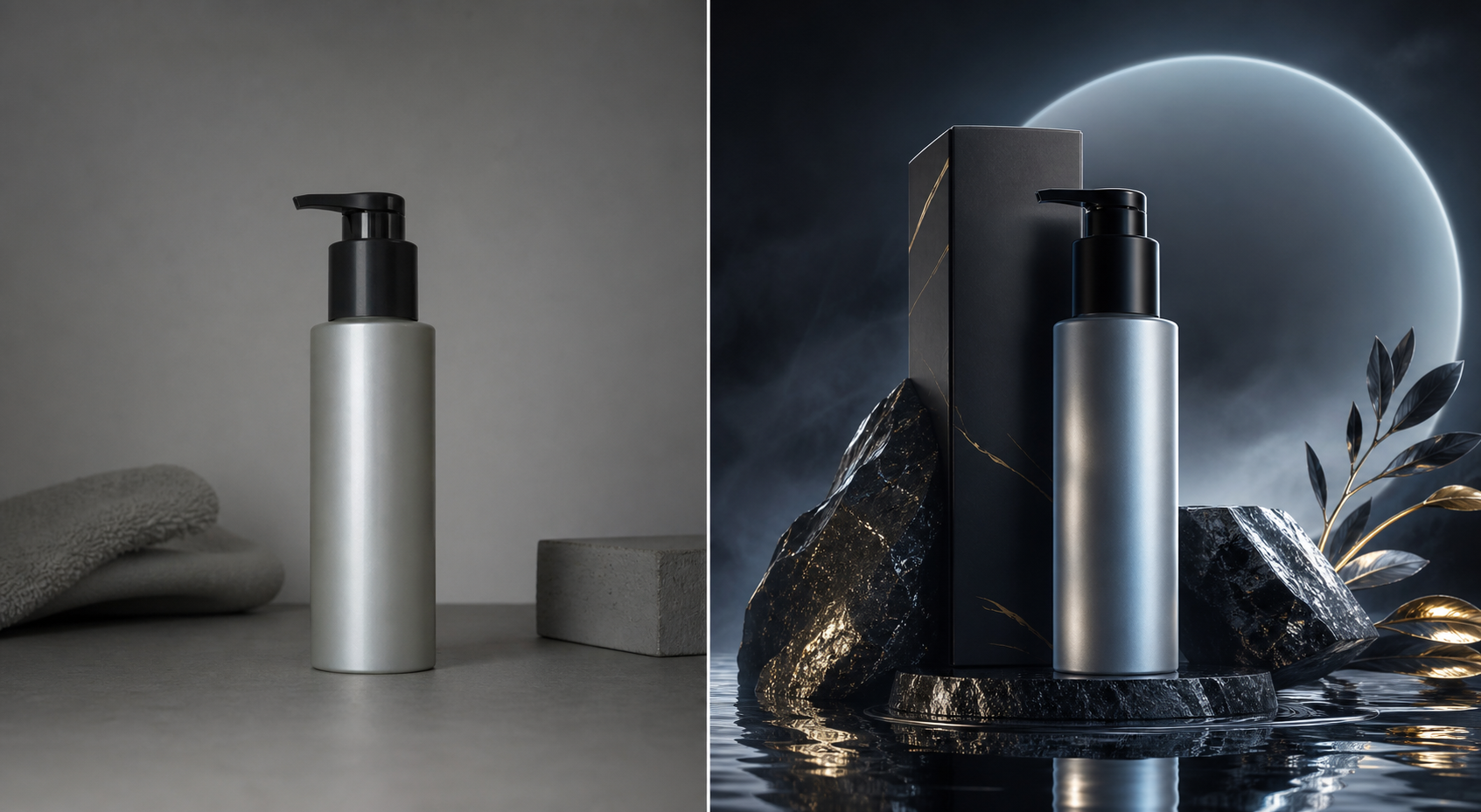 Before and after comparison of generic product content transformed into premium AI product visuals
