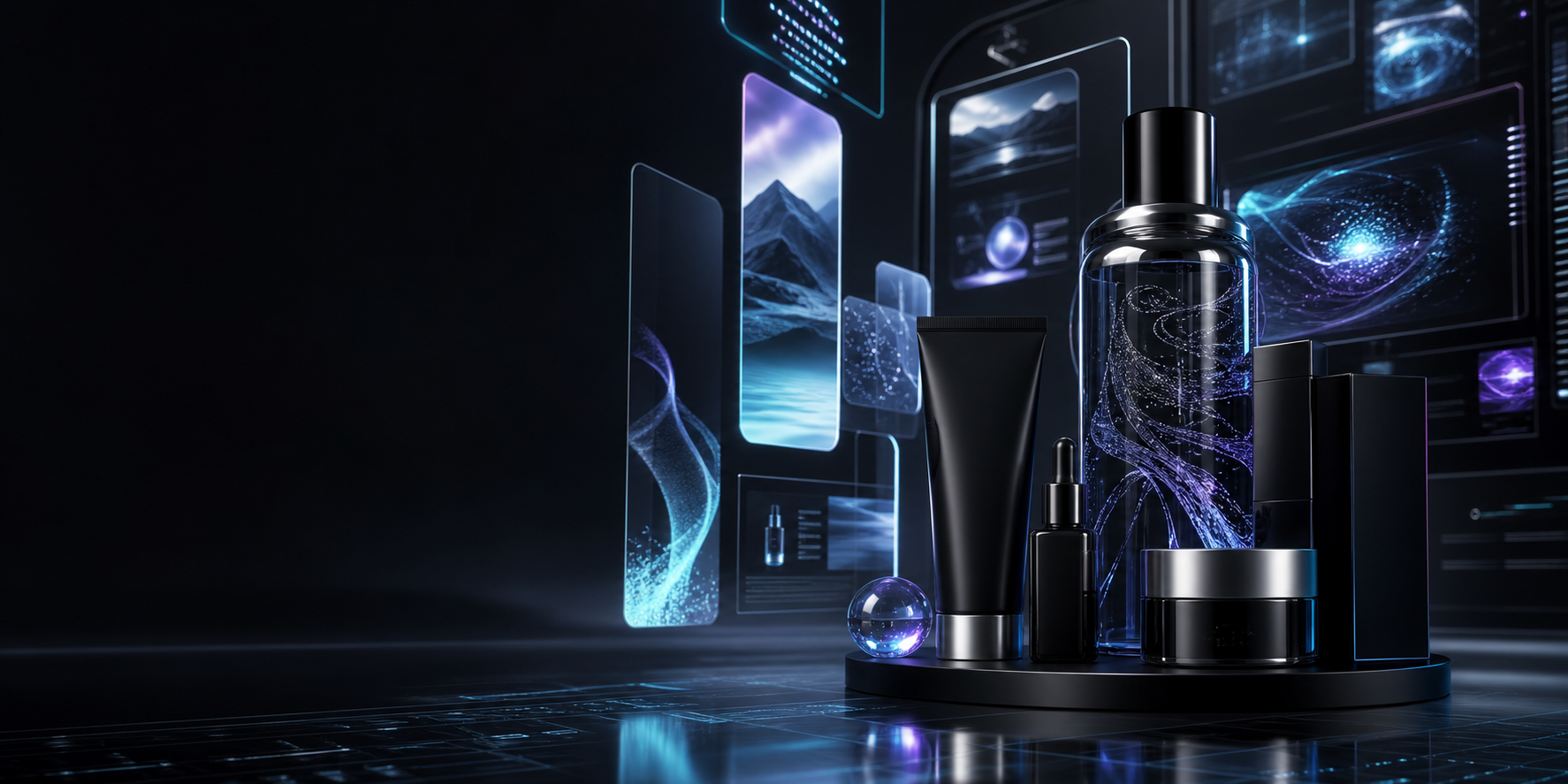 Premium AI creative studio scene with elevated product visuals and cinematic lighting